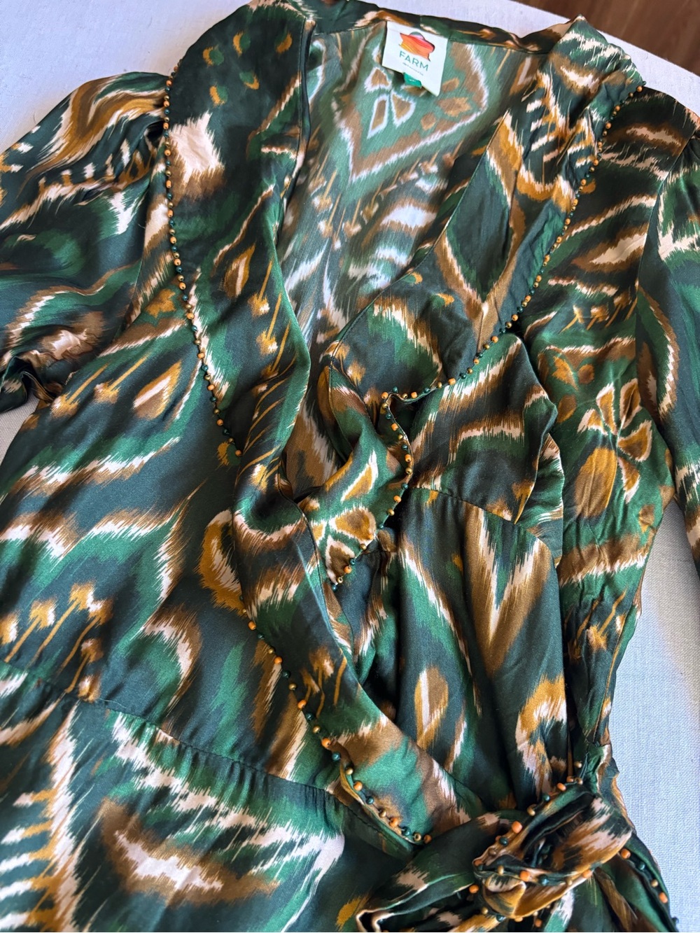 Farm Rio Pineapple Ikat Wrap Midi Dress Green Asymmetric Tropical Size XL - Picture 7 of 12